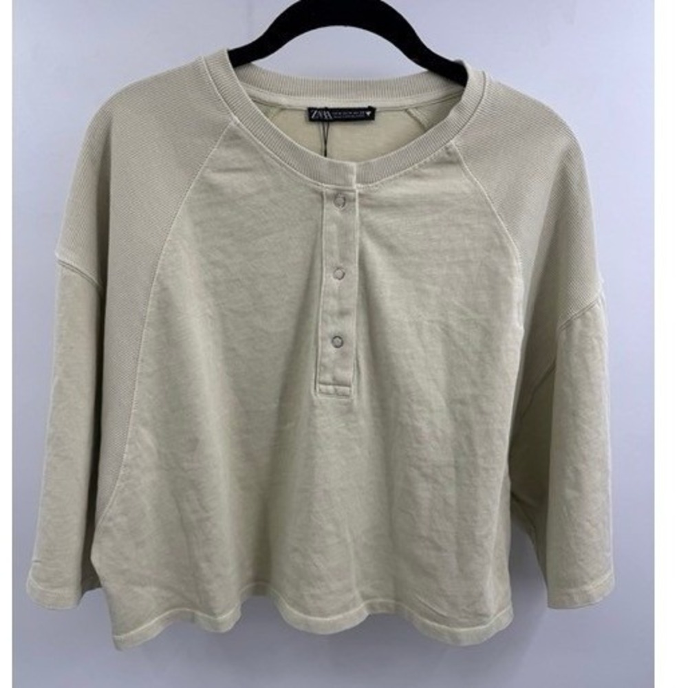 Zara NEW Women Sage Green Cropped Henley Ribbed Sweatshirt MEDIUM Oversized